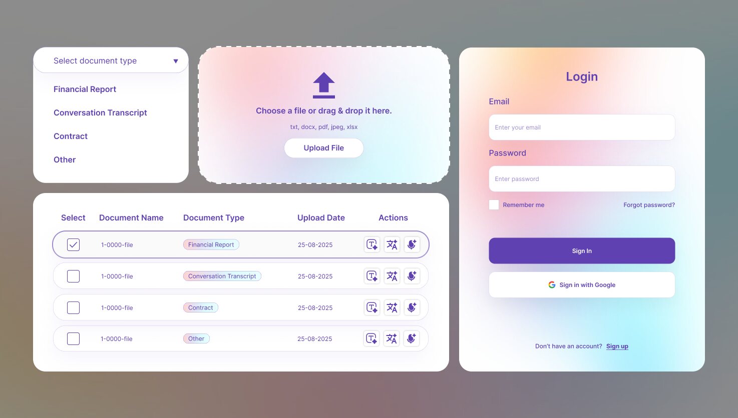 BizOZ component set: dropdown, upload zone, table and login