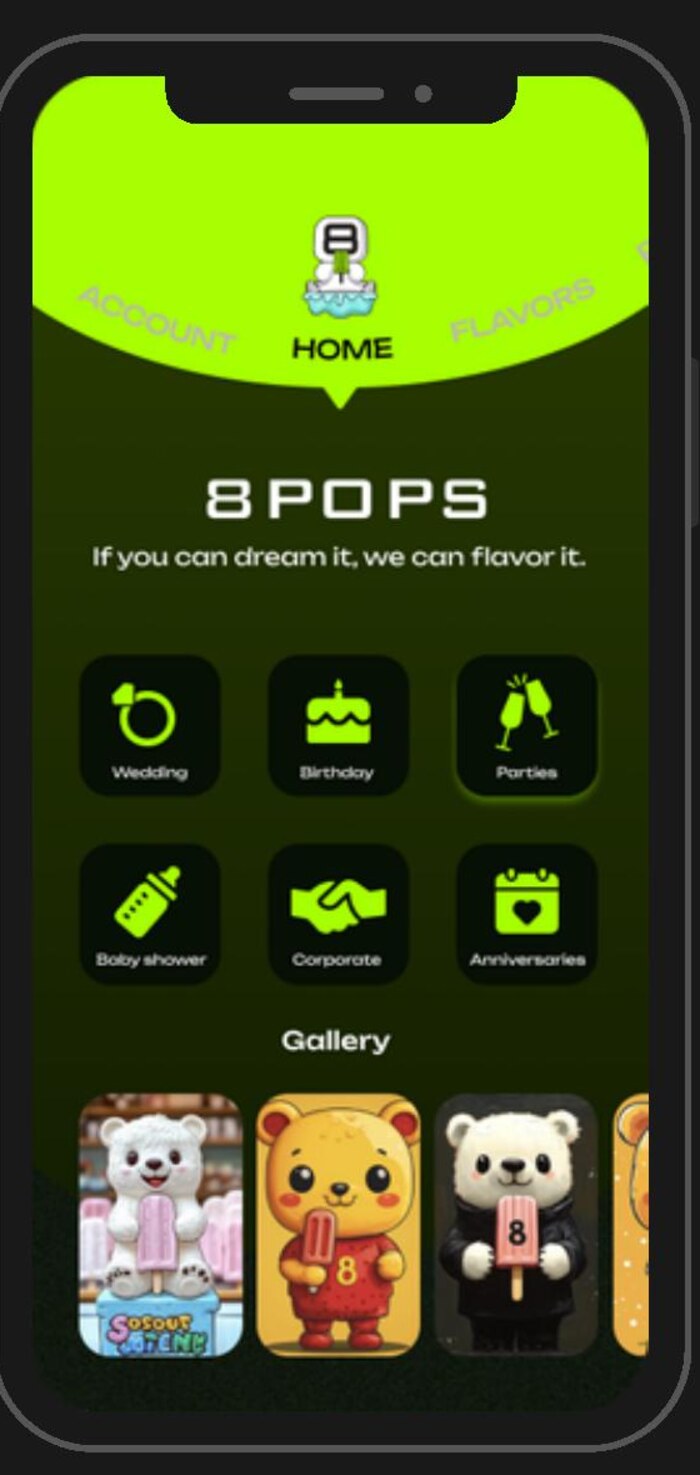 8 Pops home screen with occasions and gallery