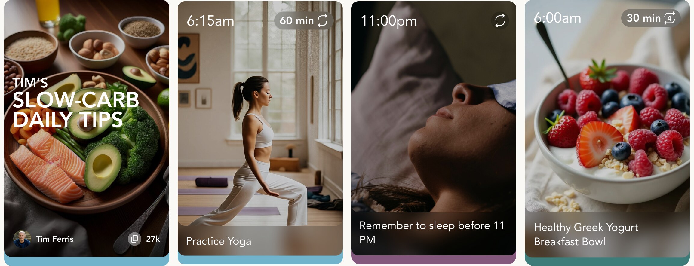 Four LifeFrame cards showing time, duration, title and creator