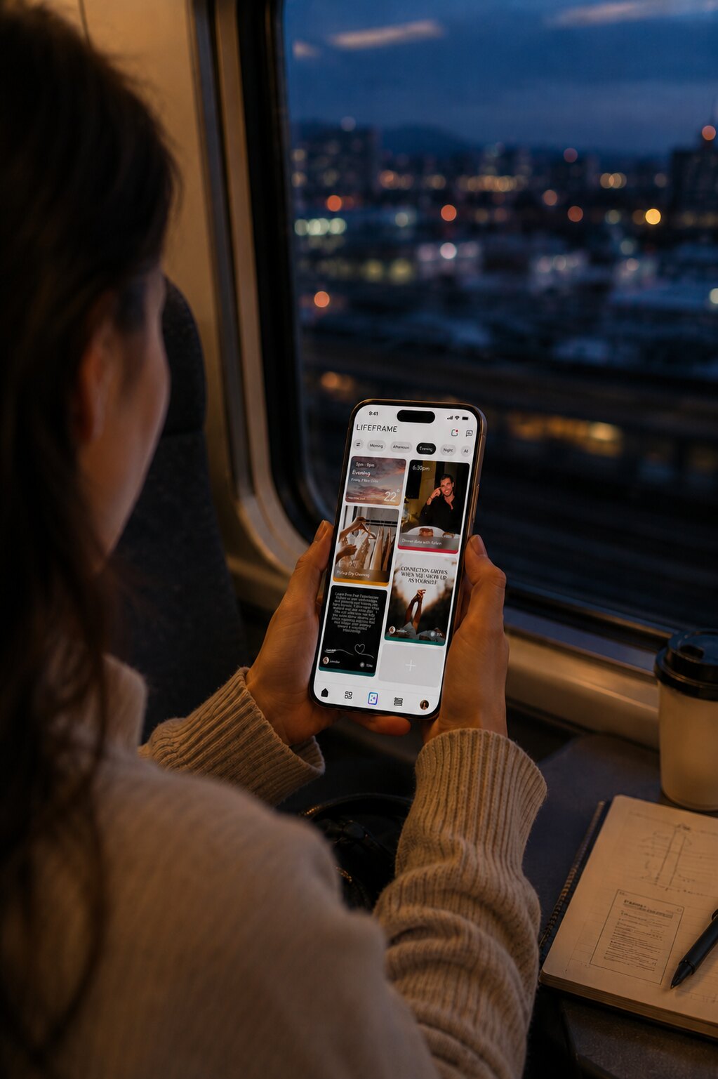 Someone using LifeFrame on a train at dusk