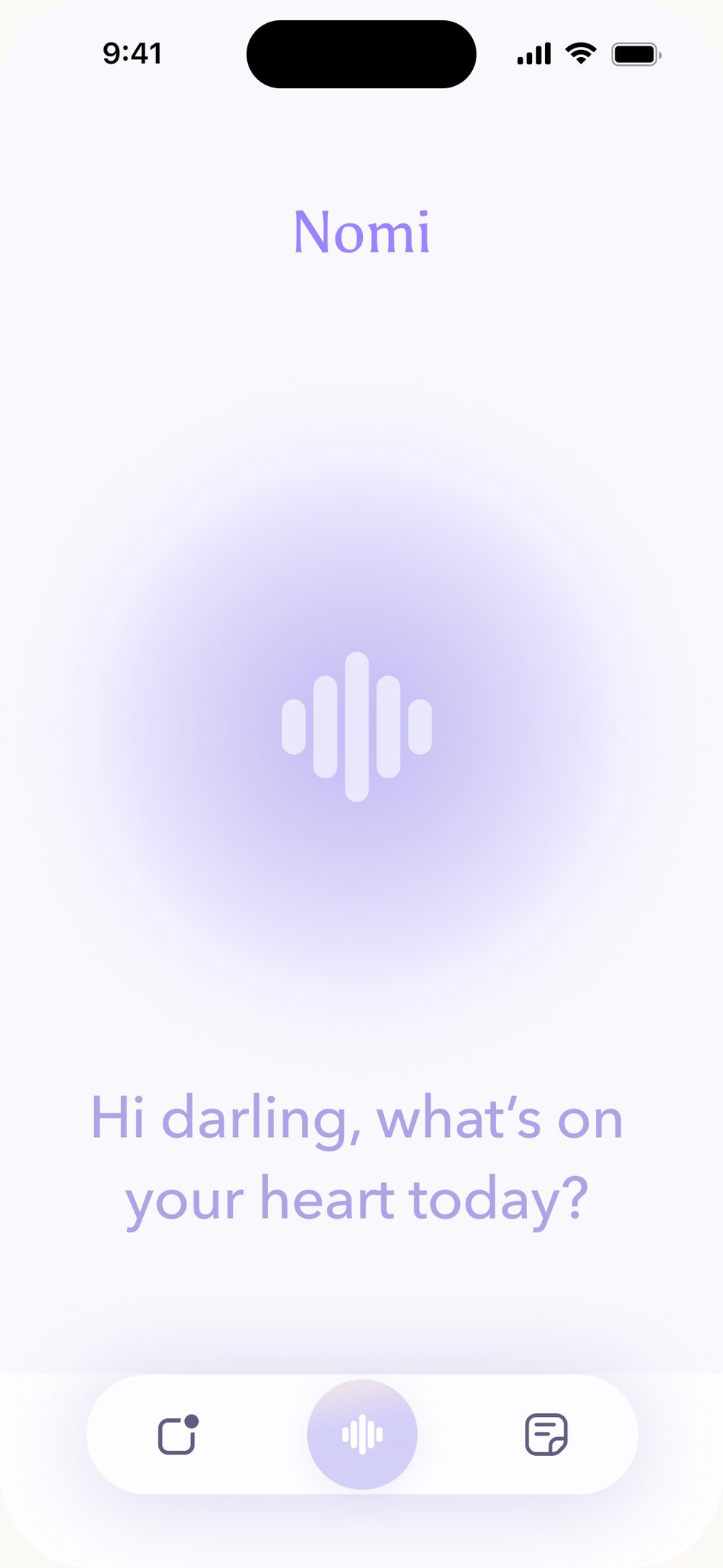 Nomi voice-first home screen with a breathing orb